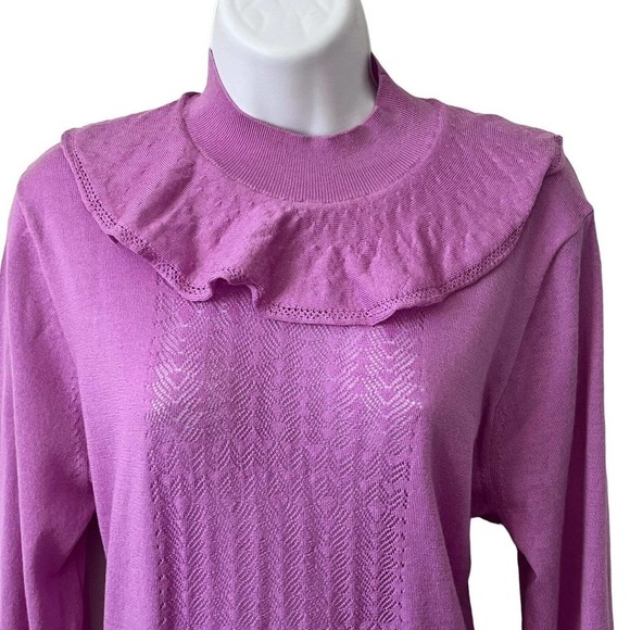 J. crew ruffle mock neck pointelle sweater L violet 100% merino wool mock neck - Picture 3 of 8